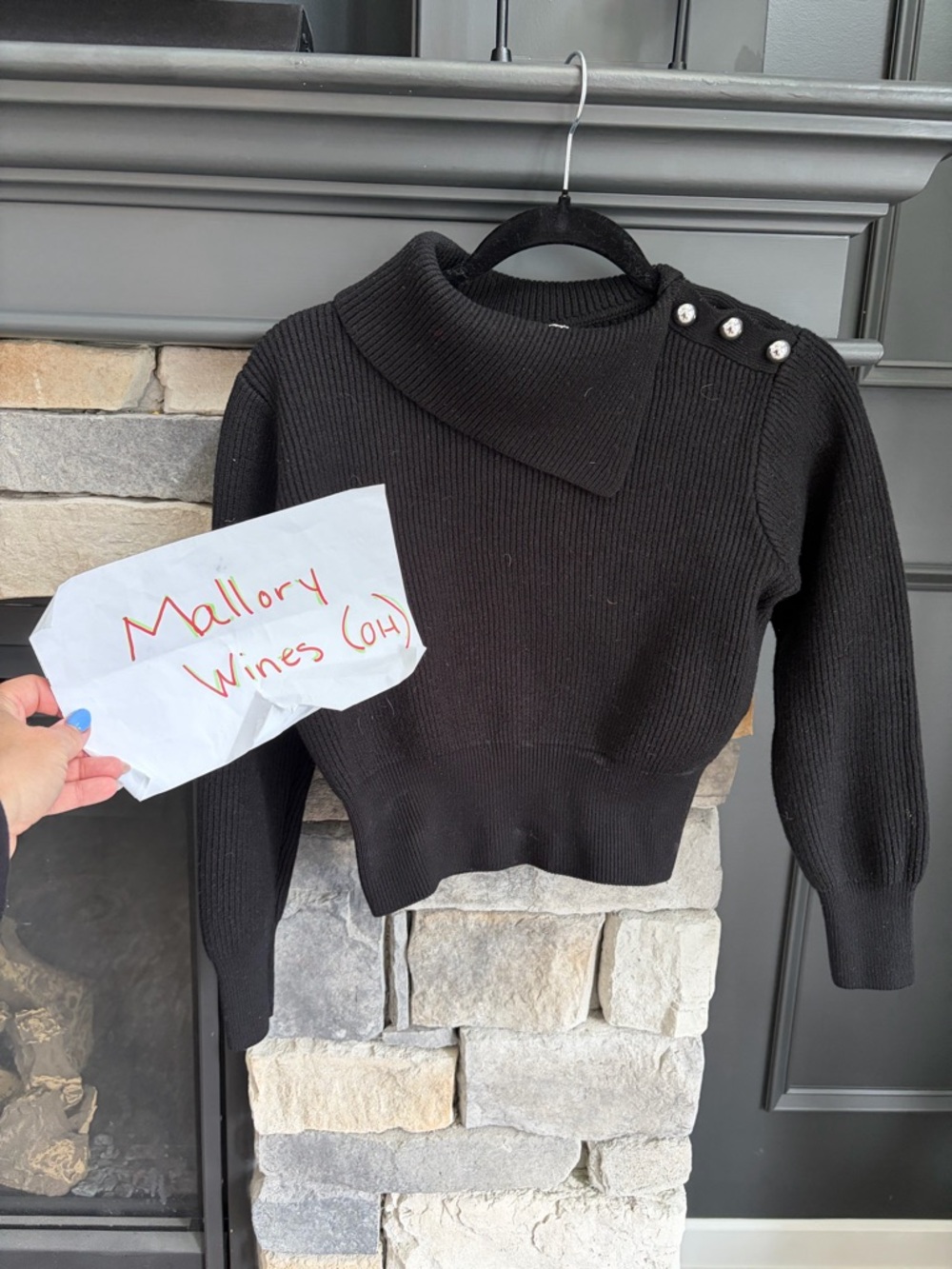 Milly Black Ribbed Cowl-Neck Sweater with Pearl Shoulder Buttons